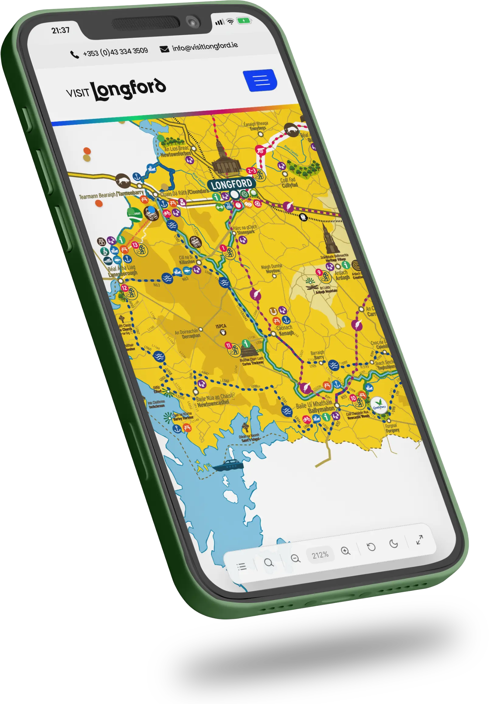 A smartphone displays a colourful tourism map of Longford, Ireland, showing routes, landmarks, and icons for attractions on the “Visit Longford” website.