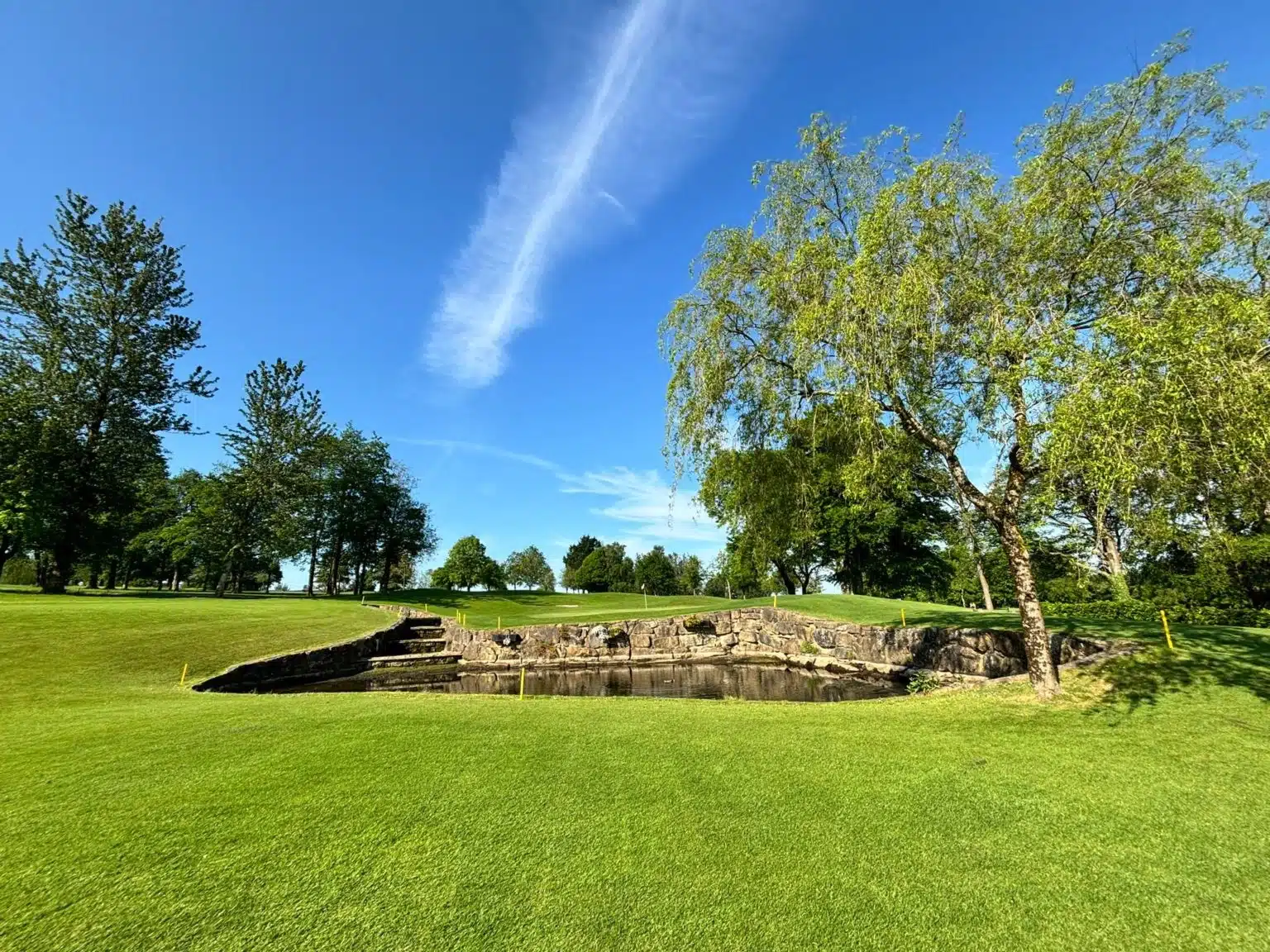 A sunny golf course with bright green grass, scattered trees, and a small stone wall or bunker in the distance under a clear blue sky with a streak of white cloud.