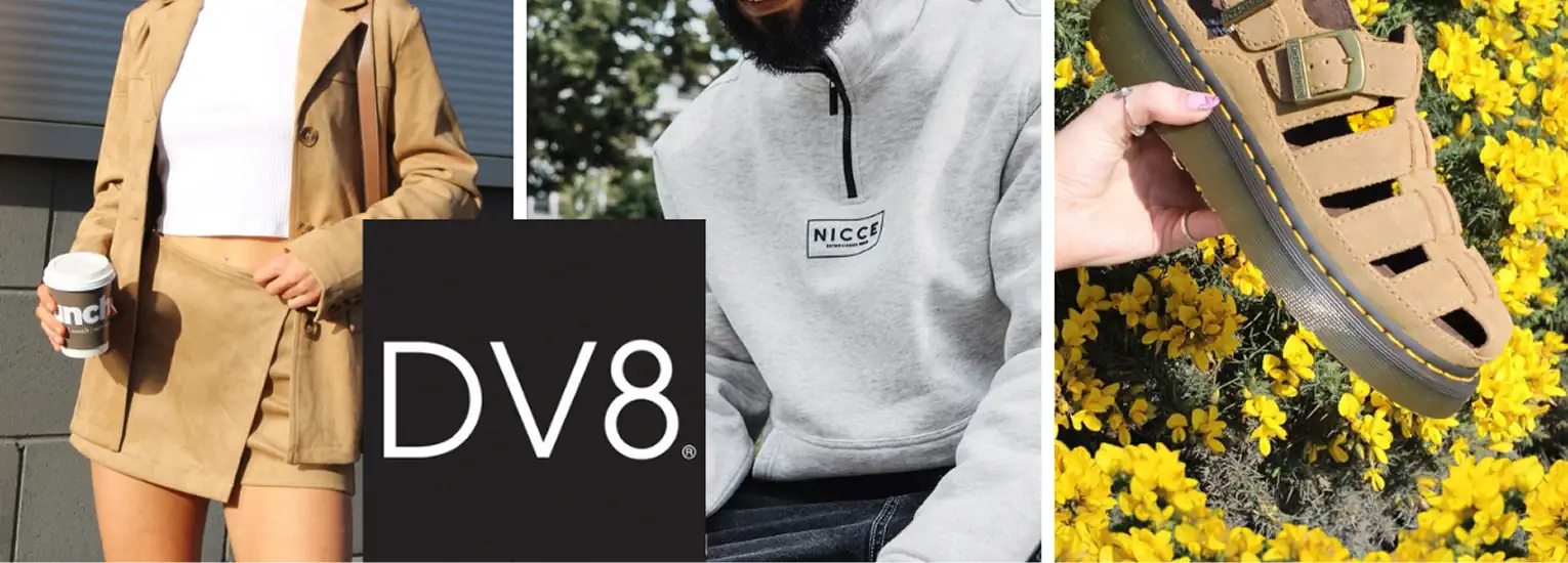 A collage features a woman in a tan outfit holding a coffee, a man in a light grey NICCE hoodie, and a hand holding a tan sandal over yellow flowers, with a DV8 logo in the centre.