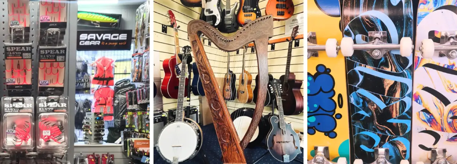 A collage showing fishing tackle on shelves, musical instruments including a harp and guitars, and several colourful skateboards lined up vertically.