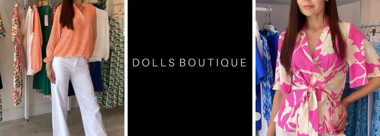 A collage featuring two women modelling colourful outfits inside a clothing boutique, with "DOLLS BOUTIQUE" in white, centred on a black background between the images.
