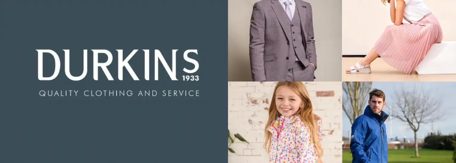 A Durkins 1933 logo with the slogan "Quality Clothing and Service" is on the left. On the right are photos of a man in a suit, a woman in a pink skirt, a girl in a floral jacket, and a man in a blue jacket.