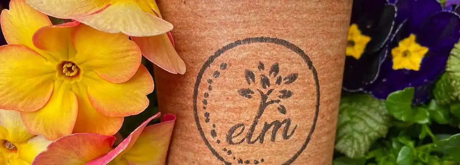 A brown paper cup with the "elm" logo and a tree design is surrounded by yellow and purple flowers with green leaves in the background.
