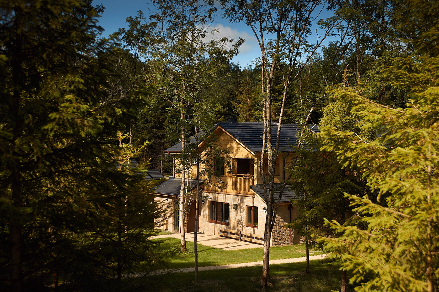A two-storey house with tan walls and a dark roof sits surrounded by tall, green trees in a lush forest under a blue sky. Sunlight filters through the trees, illuminating parts of the house and grassy lawn.