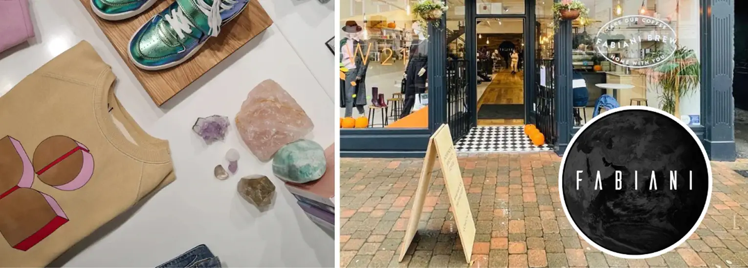 A collage shows a display of clothes, crystals, and shoes on a table; and the entrance to a boutique named "Fabiani" with a sandwich board sign on a brick pavement.
