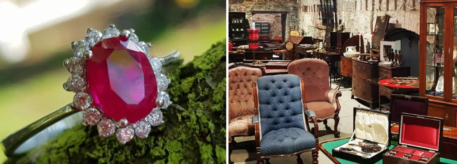 A split image shows a diamond and ruby ring on moss on the left, and a room filled with antique furniture, armchairs, cupboards, and vintage items on the right.