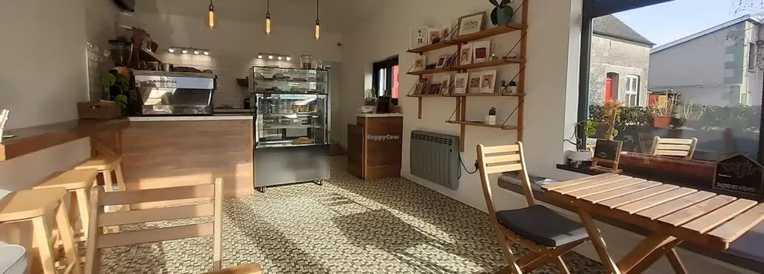 Small cosy café interior with wooden tables and chairs, patterned tiled floor, a counter with a coffee machine and display case, wall shelves with books and decor, and large windows letting in natural sunlight.