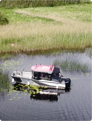 A small motorboat with a red roof and black canopy moves through a calm, reedy body of water, surrounded by green vegetation and floating lily pads.