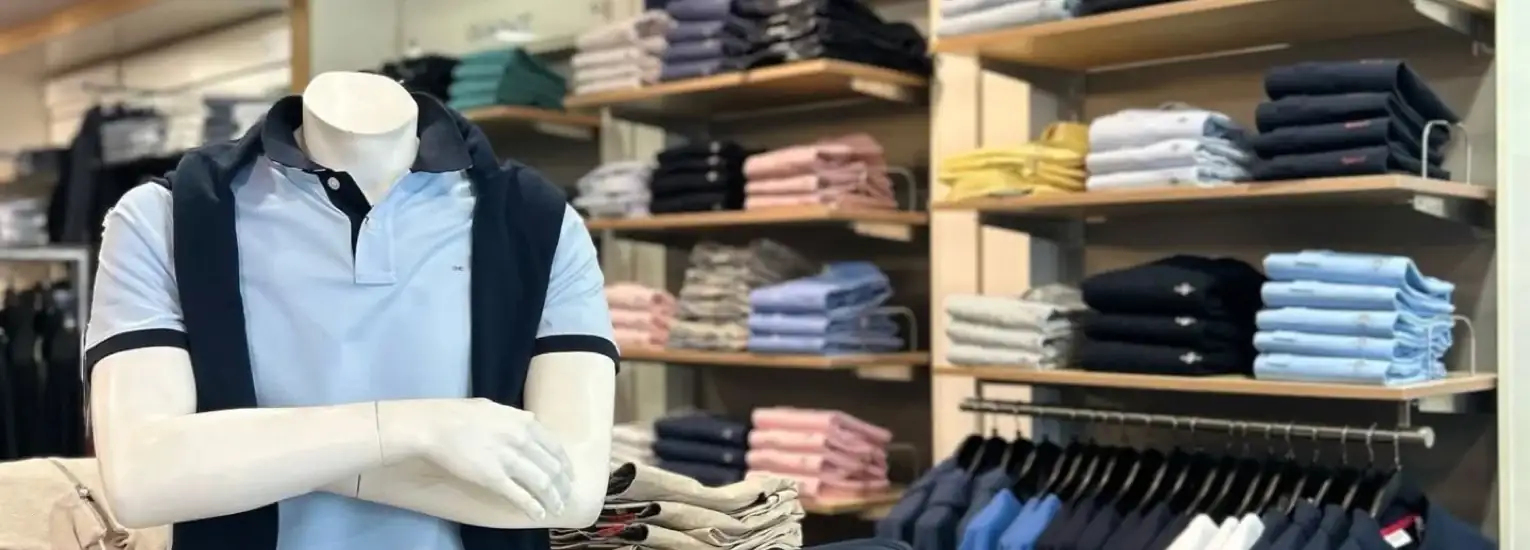A clothing shop display with a mannequin dressed in a light blue polo shirt and dark jumper, surrounded by neatly folded shirts and jumpers on shelves in various colours.