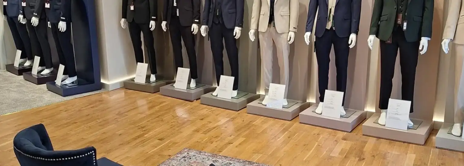 A row of mannequins dressed in various suits, including dark and light colours, are displayed on platforms in a well-lit showroom with wooden flooring and a patterned rug.