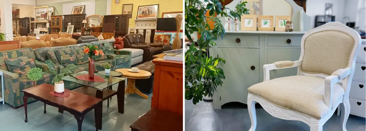 A split image shows a charity shop with assorted sofas, tables, and shelves on the left, and a neatly styled, white vintage armchair in front of a painted sideboard with framed art and plants on the right.