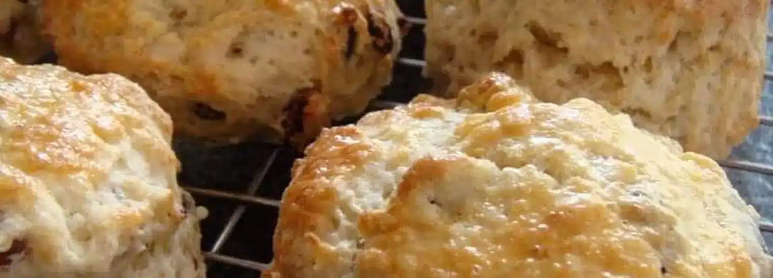 Close-up of golden-brown, freshly baked scones with a slightly glossy top, cooling on a wire rack.