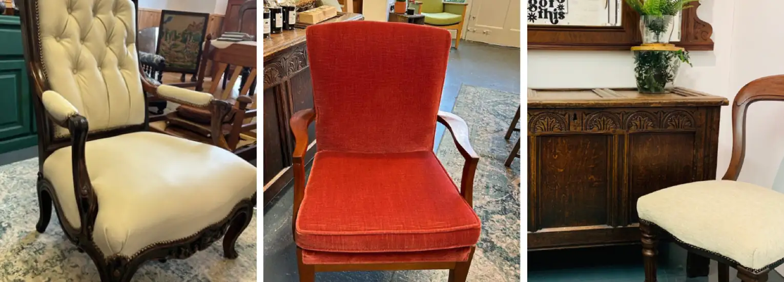 Three upholstered chairs in different styles and colours: a cream tufted armchair, a red armchair, and a simple beige chair, each placed in separate vintage or antique room settings.