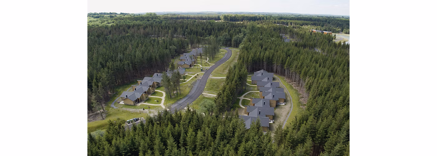 Aerial view of a cluster of houses with dark roofs arranged along a curving road, surrounded by dense green forest. The scene is peaceful and rural, with trees dominating the landscape.