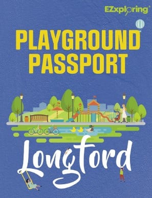 Cover image for "Playground Passport Longford" by EZxploring, featuring colourful playground illustrations, children playing, a pond with ducks, and a blue sky with a hot air balloon.