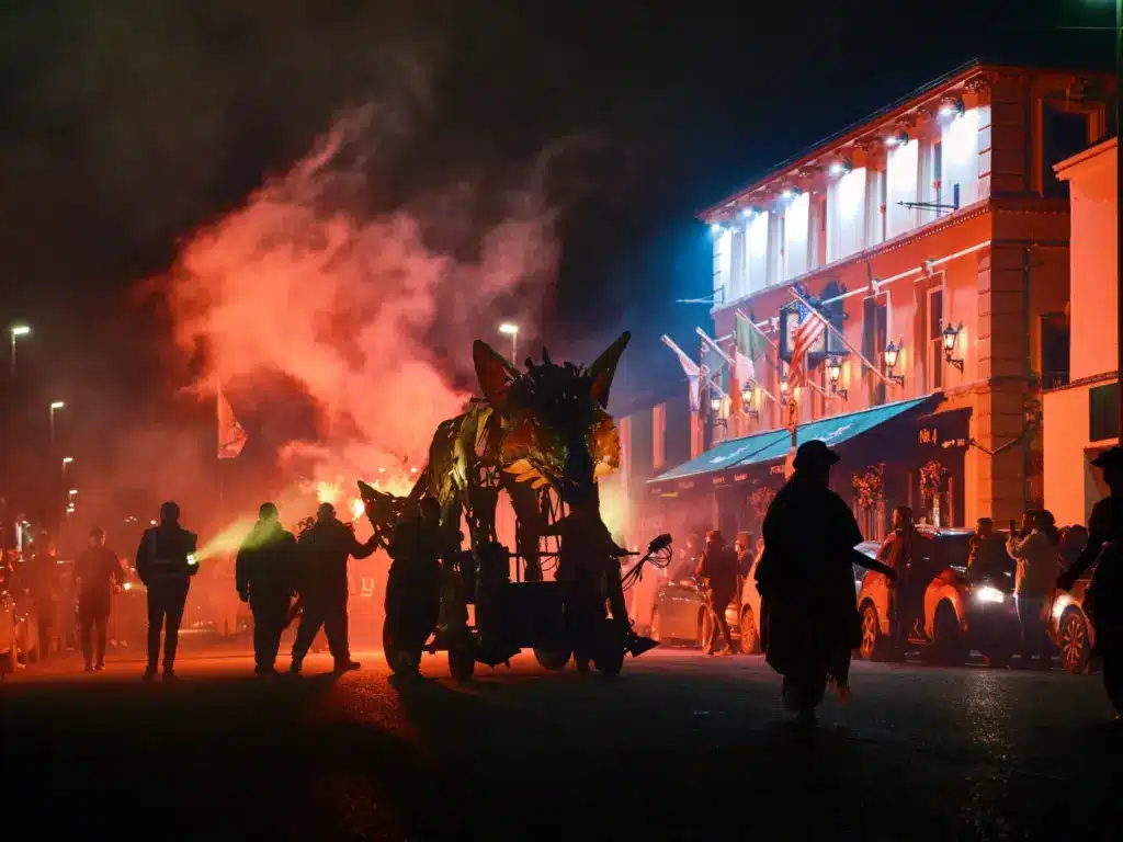 A large dragon puppet, surrounded by people and illuminated by red smoke and streetlights, parades down a nighttime street in front of a brightly lit building with flags, showcasing Longford’s vibrant culture and commitment to sustainable tourism. Spectators and cars line the road.