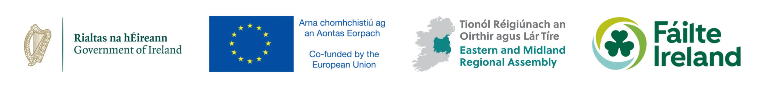 A row of logos from left to right: Government of Ireland, European Union, Eastern and Midland Regional Assembly, and Fáilte Ireland, with accompanying text in English and Irish highlighting the EU Just Transition Longford initiative.