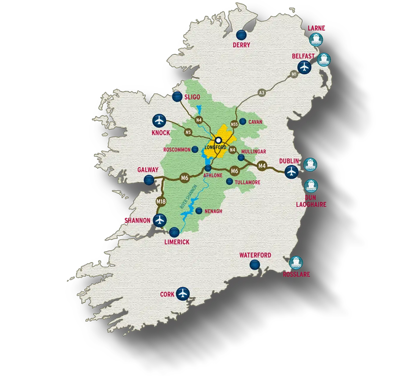 Map of Ireland showing major cities, roads, railways, and ferry ports. Highlighted cities include Dublin, Cork, Galway, Limerick—and guidance on how to get to Longford via various coloured transport routes across the country.