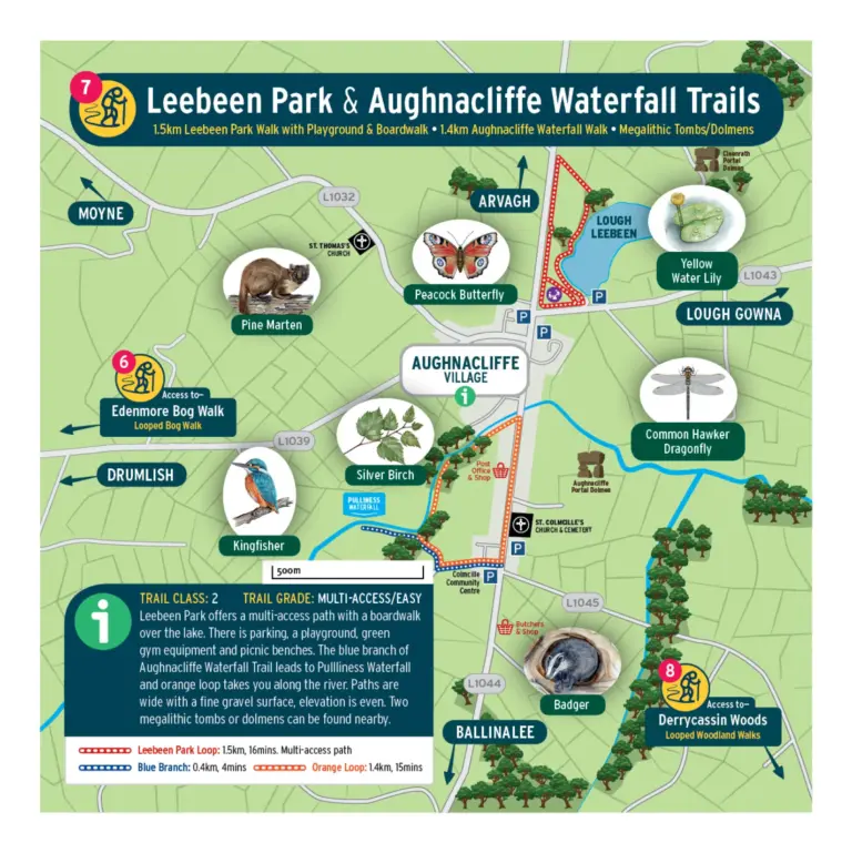 A colourful map shows Leebeen Park & Aughnacliffe Waterfall Trails with walking paths, wildlife illustrations (pine marten, badger, kingfisher, peacock butterfly), nearby towns, lakes, and trail information.