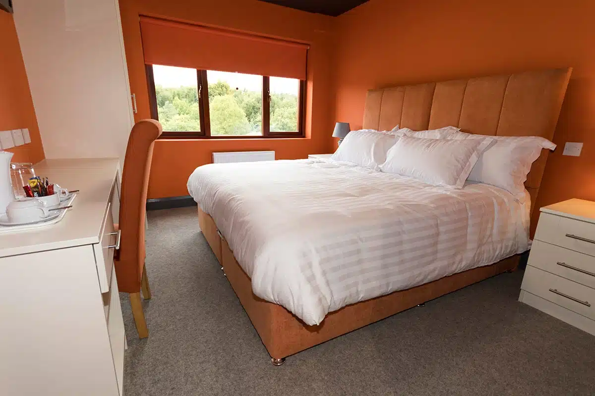 A tidy hotel room with orange walls, a large bed with white linen, a padded orange headboard, a desk with a chair, a bedside table, and a window overlooking green trees.