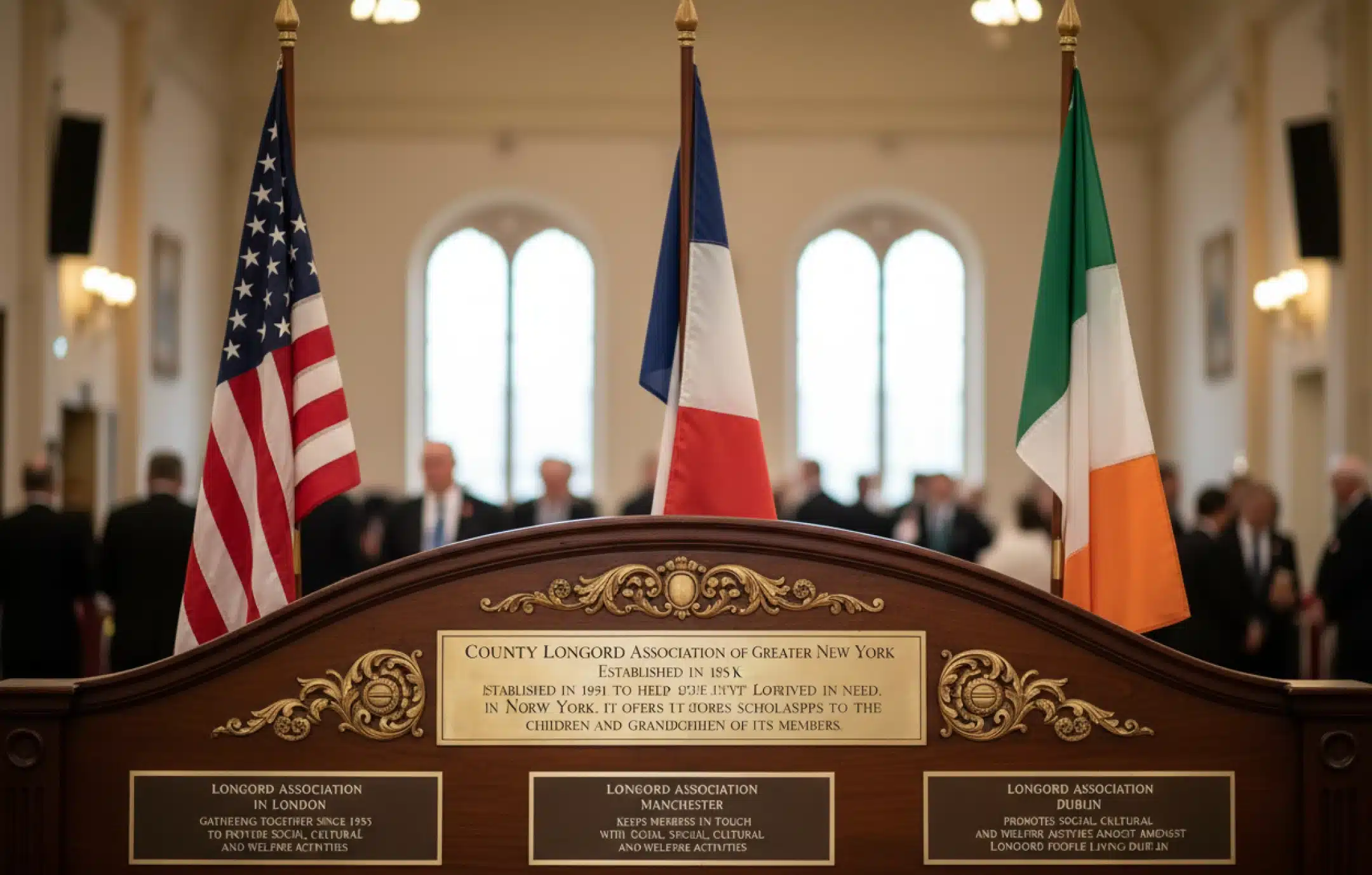 Three flags—the United States, France, and Ireland—stand behind a wooden lectern with engraved plaques in a formal hall, with people gathered and arched windows in the background.