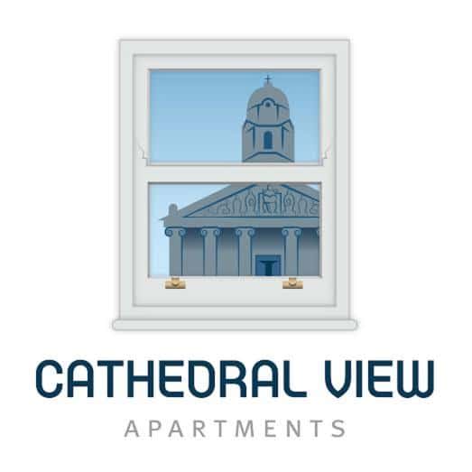 Logo for Cathedral View Apartments featuring a window with a view of a cathedral dome and façade, above the text "Cathedral View Apartments" in bold and regular fonts.