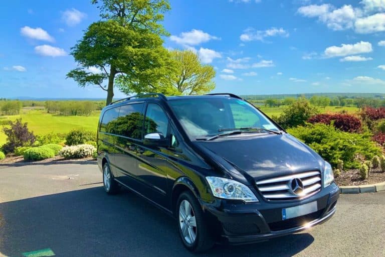 A black Mercedes-Benz van parked on a paved road, surrounded by green grass, trees, and bushes under a bright blue sky with scattered clouds.