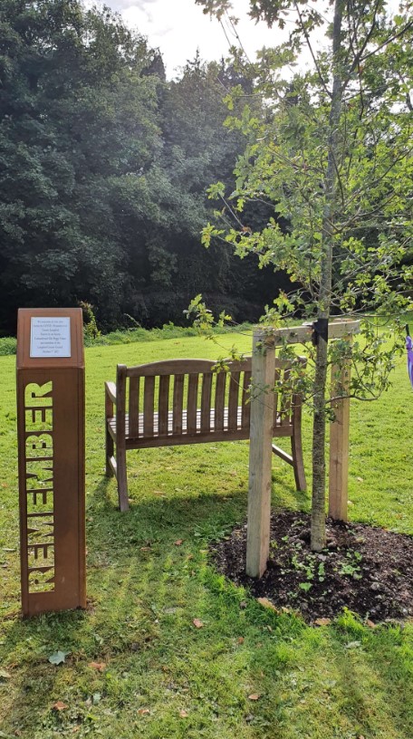 A wooden bench sits on grass beside a young tree, supported by stakes. Nearby, a metal sign reads "REMEMBER" vertically, with a plaque mounted on top. Trees and greenery fill the background.