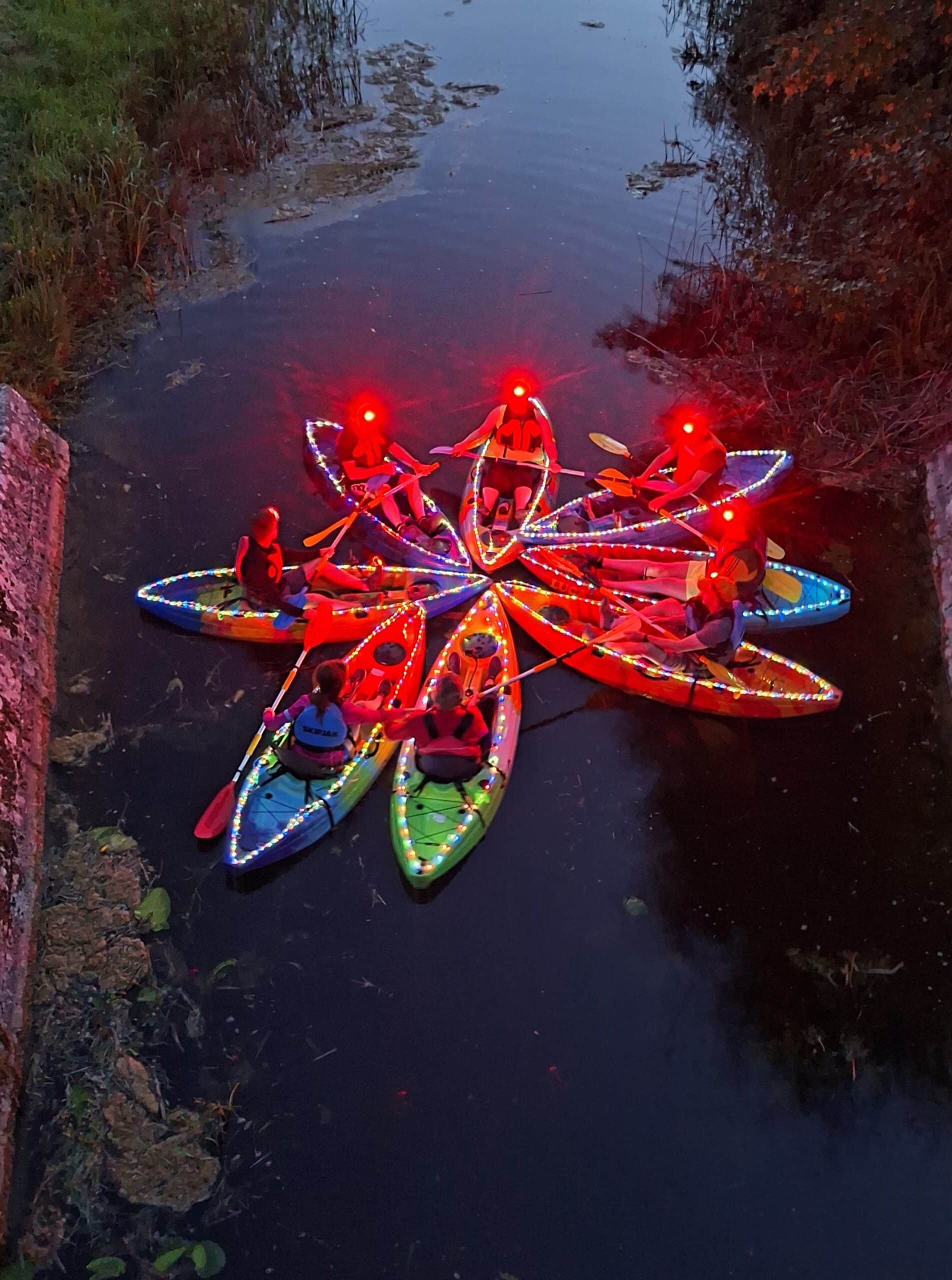 Seven people in kayaks form a star shape on dark water at night, each kayak outlined with colourful LED lights and red lights on their heads.