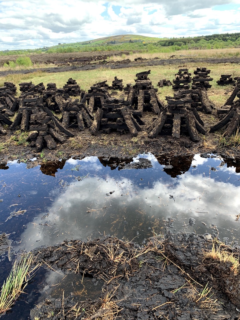Stacks of dark peat blocks dry in rows on a boggy field, with water in the foreground reflecting the blue sky and clouds. Green hills and grass stretch out under a partly cloudy sky in the background.