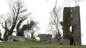 Ruins of an old stone castle tower and walls covered in ivy sit on a grassy hill, surrounded by leafless trees against a cloudy sky.