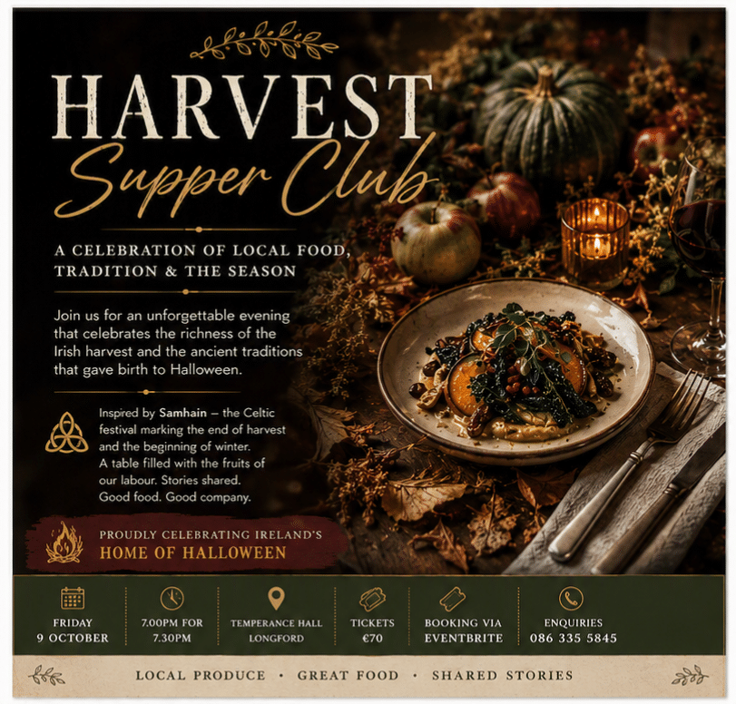 Harvest Supper Club event poster with autumn decorations, pumpkins, apples, candles, and a plated meal. Details include date, time, location, ticket pricing, and contact information for bookings.