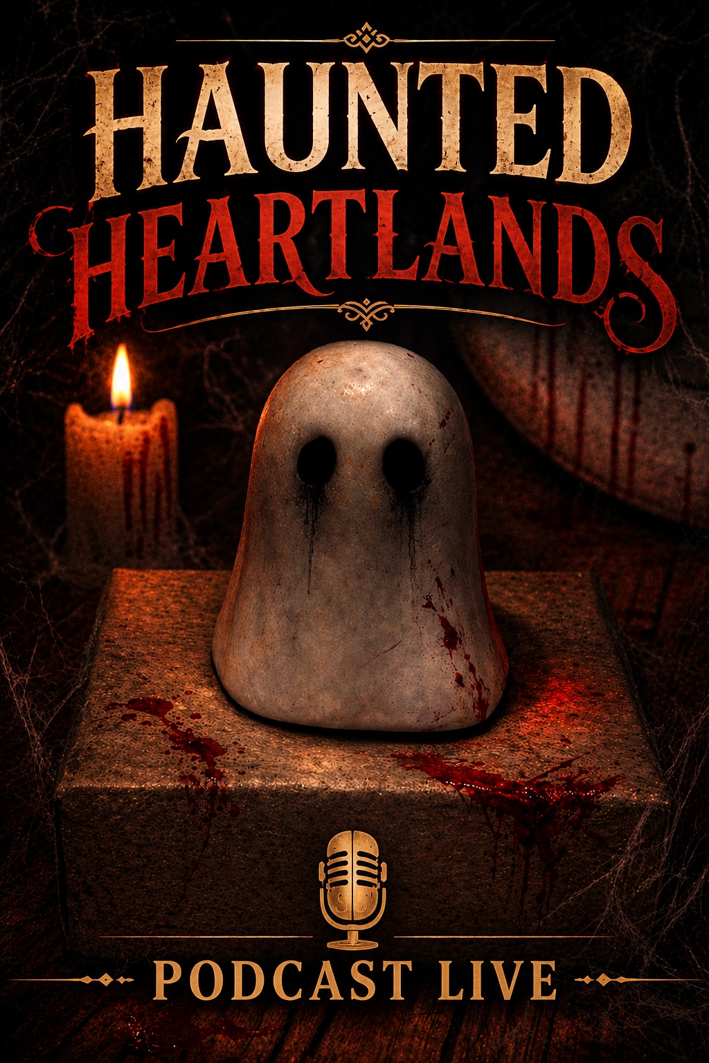 A candle burns beside a small ghost figure with black eyes and blood stains, sitting on a box.