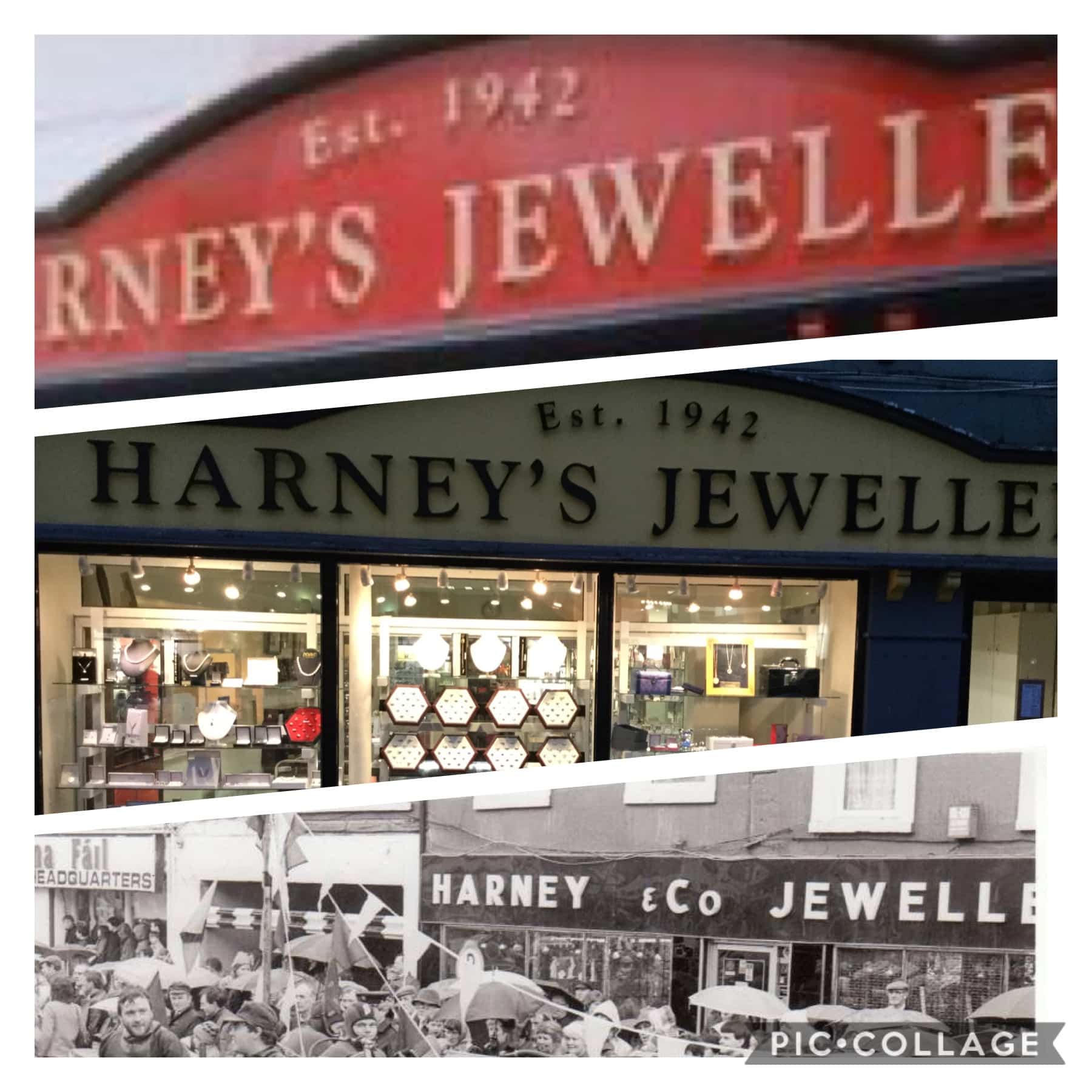 Collage of Harney’s Jewellers signs: close-up of red sign, shopfront with watches, and a black-and-white photo of a parade passing the older shopfront.