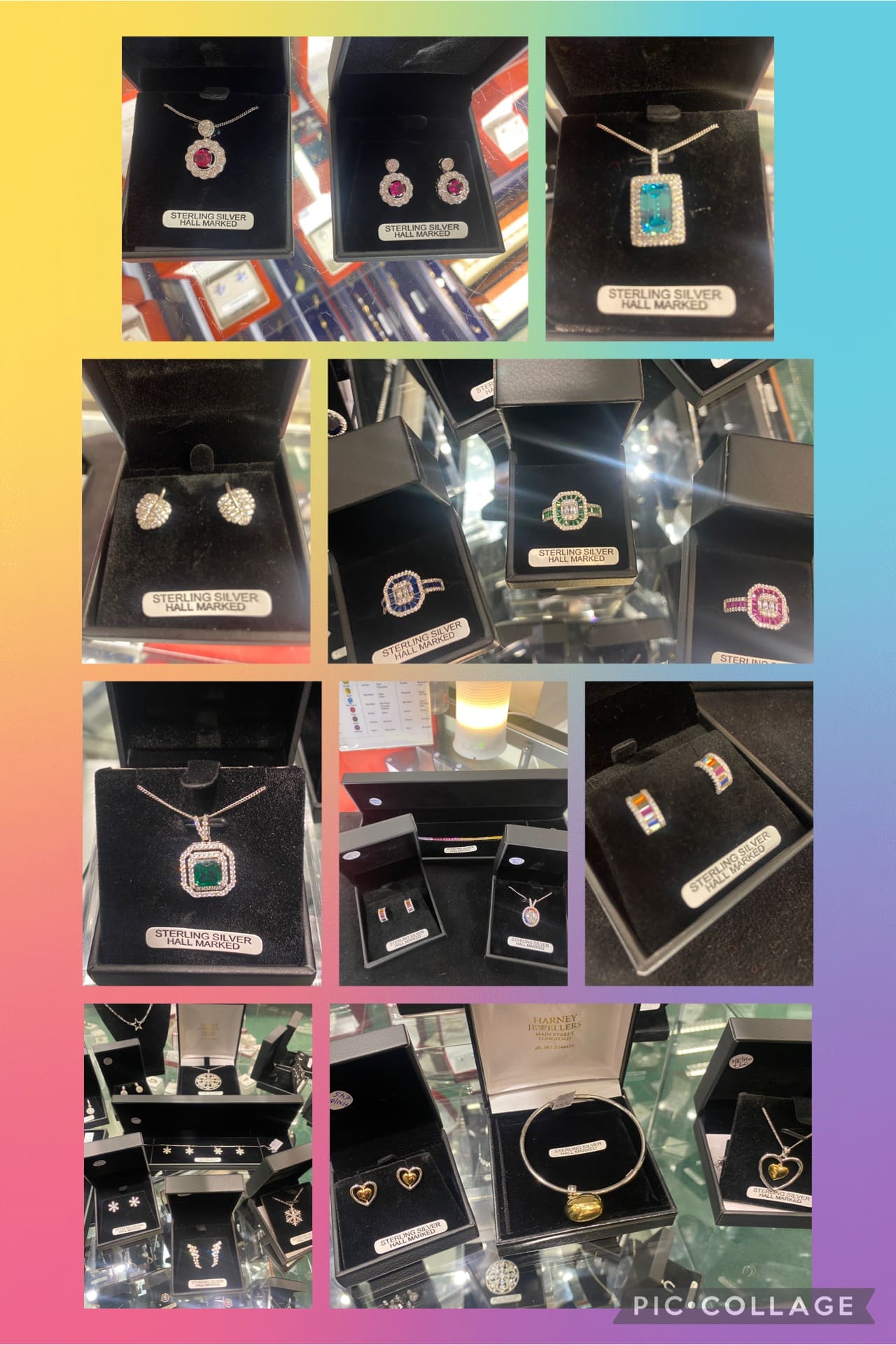 Collage of various jewellery pieces in display cases, including earrings, rings, and necklaces with coloured stones and diamonds, all labelled as sterling silver, shown against a bright gradient background.