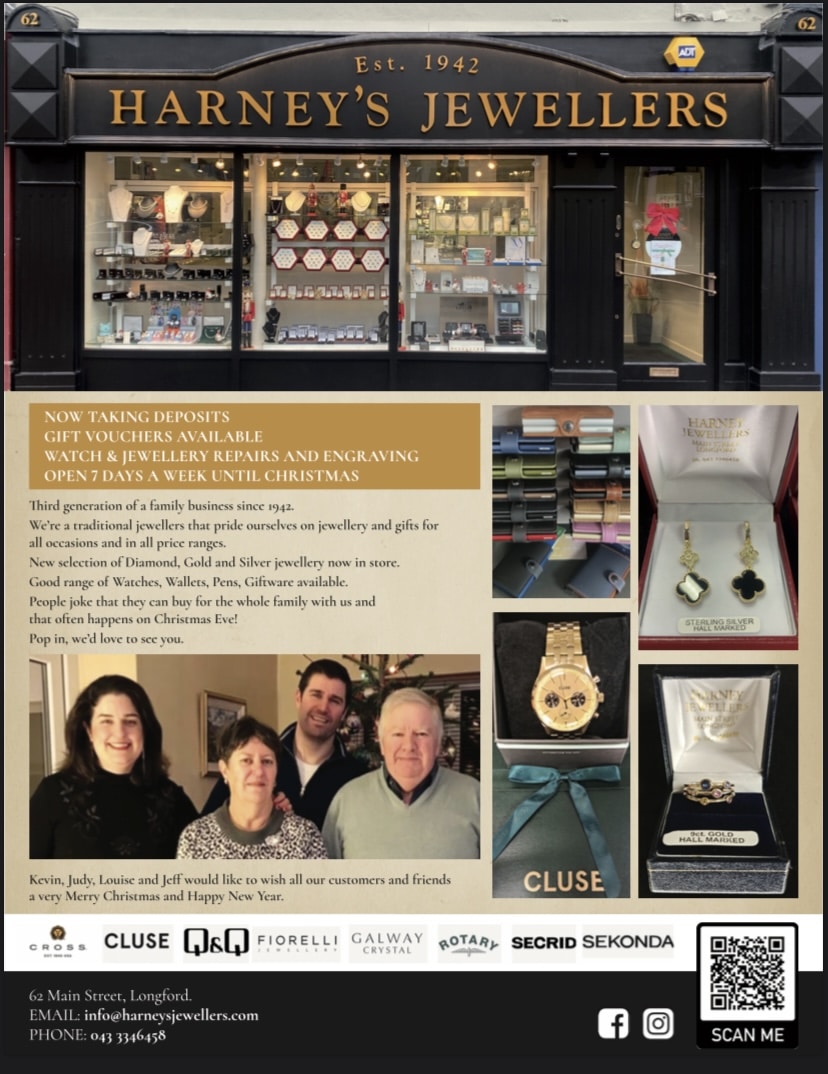 Exterior of Harney's Jewellers shop, Christmas signage, watches and jewellery displays, a family photo, and brand logos. Text advertises gifts, repairs, and holiday hours. Contact info and festive greetings included.