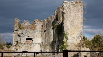 A weathered stone castle ruin stands against a cloudy sky, with crumbling walls and patches of greenery growing on its surface. A metal fence runs along the foreground.