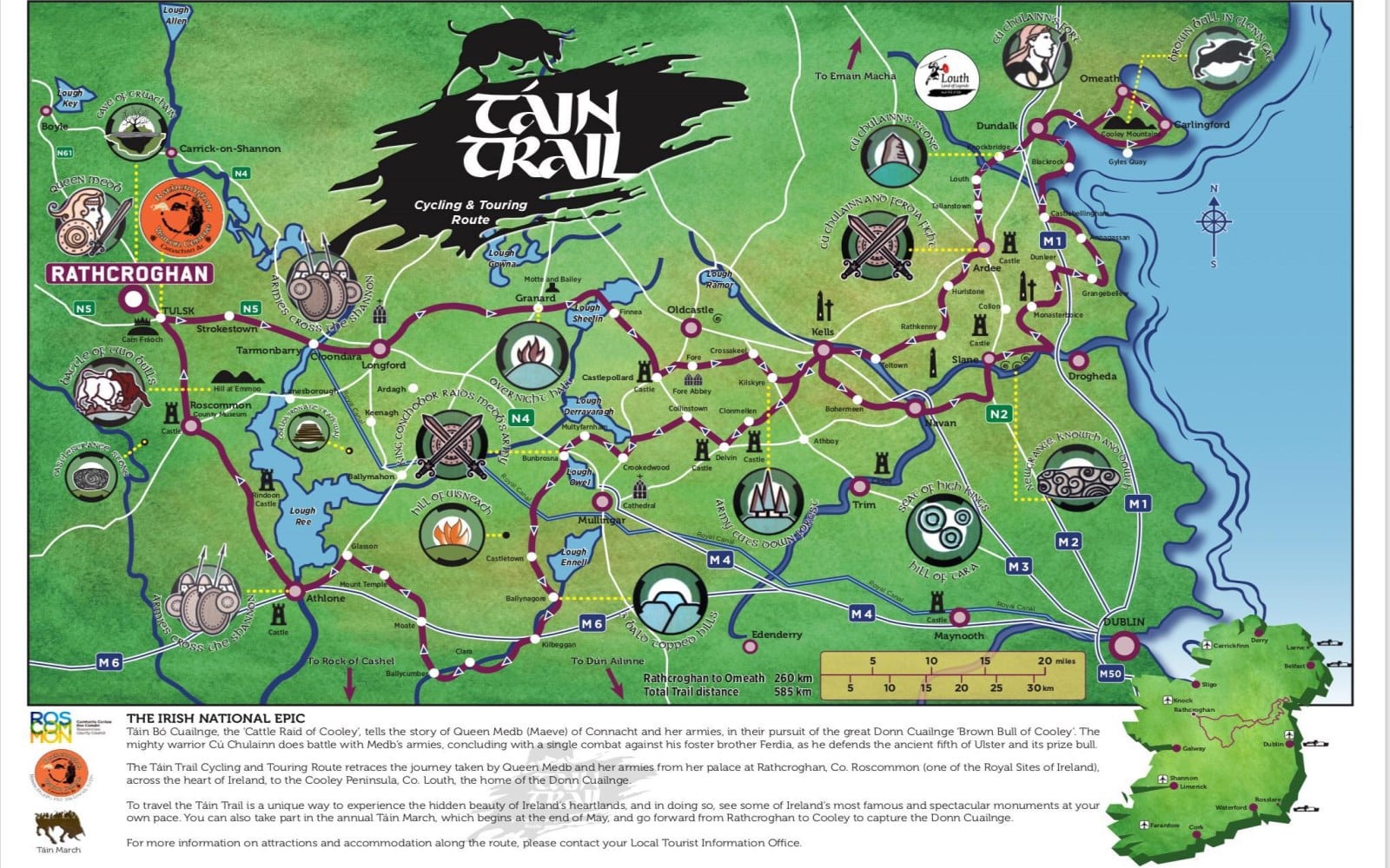 Illustrated map of the Táin Trail cycling and touring route in Ireland, highlighting landmarks, towns, roads, and notable attractions along the journey, with colourful icons and a key explaining the route.