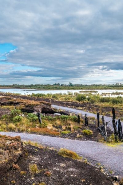 A gravel path curves through a landscape of peat bogs and scrub vegetation under a mostly cloudy sky, with a small wooden shelter and several upright charred posts beside the path.